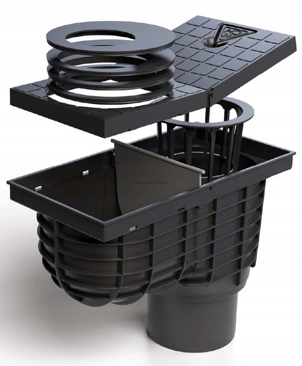 Odpływ rynnowy dolny czarny z osadnikiem do studzienki – 110 mm