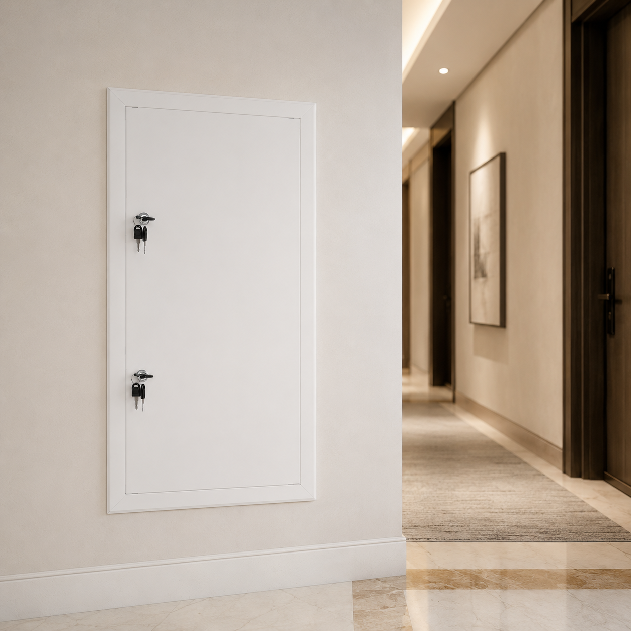 Drzwiczki rewizyjne metalowe 30x100 cm zamontowane w szachcie instalacyjnym hotelu